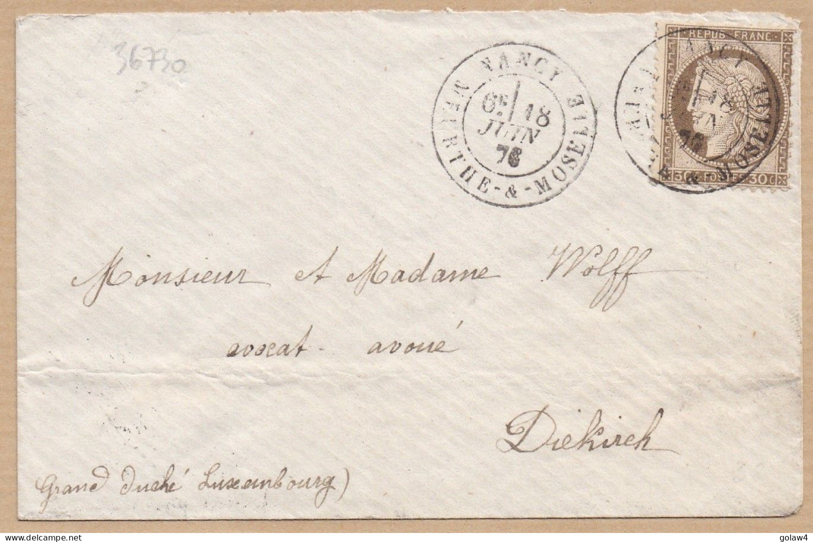 36730# CERES N° 56 SEUL LETTRE Obl NANCY MEURTHE ET MOSELLE 18 JUIN 1876 Pour DIEKIRCH LUXEMBOURG - Postal Rates