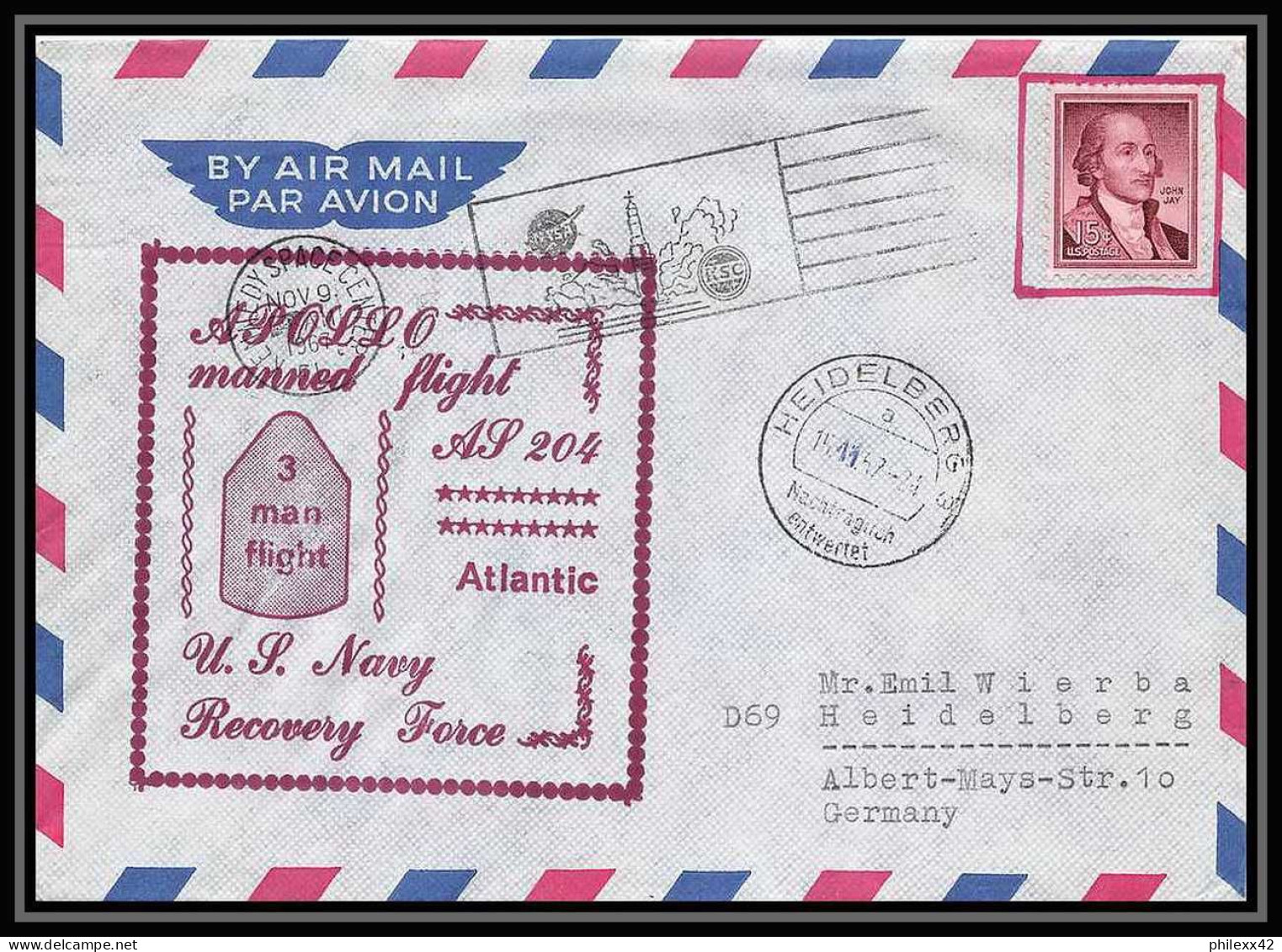 10831/ Espace (space Raumfahrt) Lettre (cover Briefe) 15/11/1967 Apollo Manned Flight Atlantic Heindelberg USA - United States