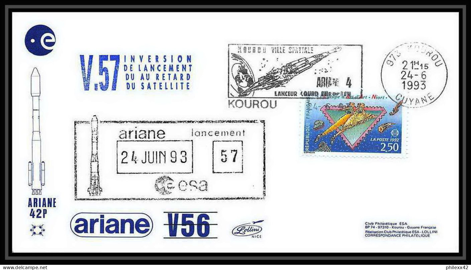 10677/ Espace (space Raumfahrt) Lettre (cover Briefe) 24/6/1993 Ariane V 57 Kourou France - Europe