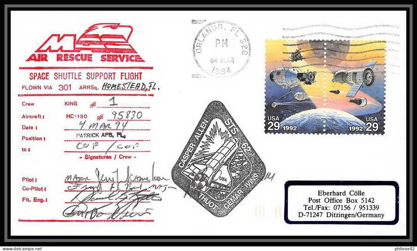 10935/ Espace (space) Lettre (cover) Signé (signed Autograph) 4/3/1994 Sts-62 Columbia Shuttle (navette) USA - Verenigde Staten