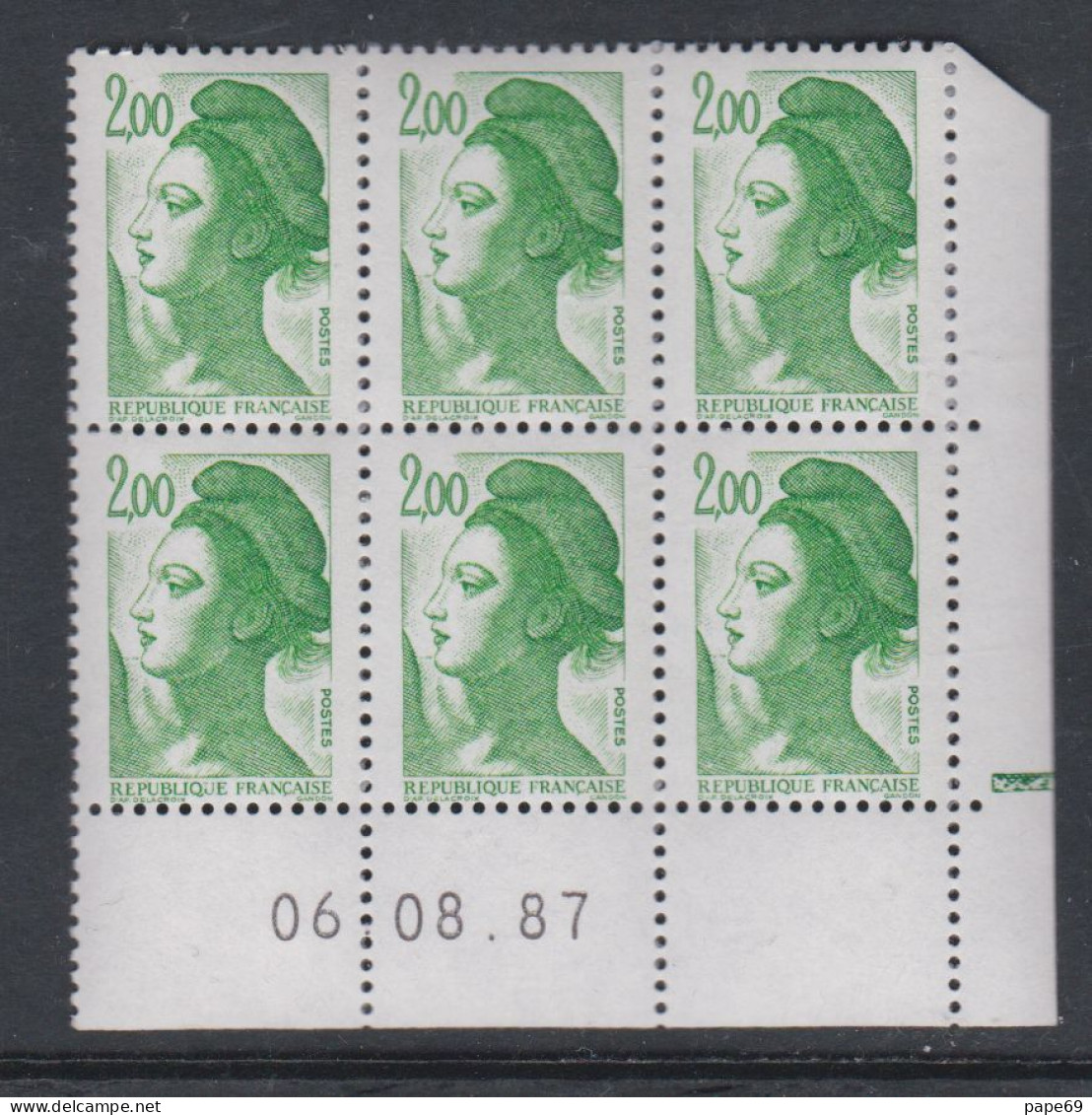 France Type Liberté N° 2484 XX : 2 F. Vert En Bloc De 6 Coin Daté Du 26 . 08 . 87 ; 1 Barre, Gomme Légèrement Altérée TB - 1980-1989