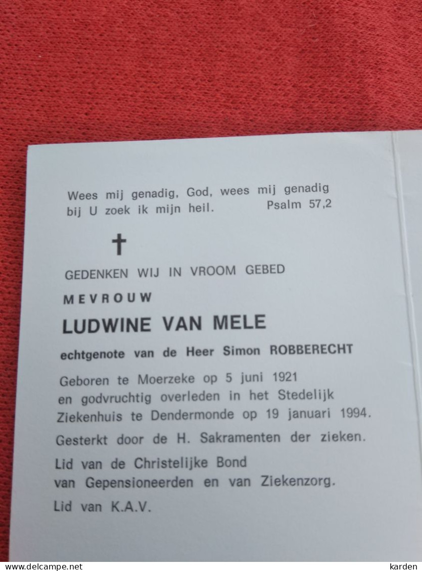 Doodsprentje Ludwine Van Mele / Moerzeke 5/6/1921 Dendermonde 19/1/1994 ( Simon Robberecht ) - Religión & Esoterismo