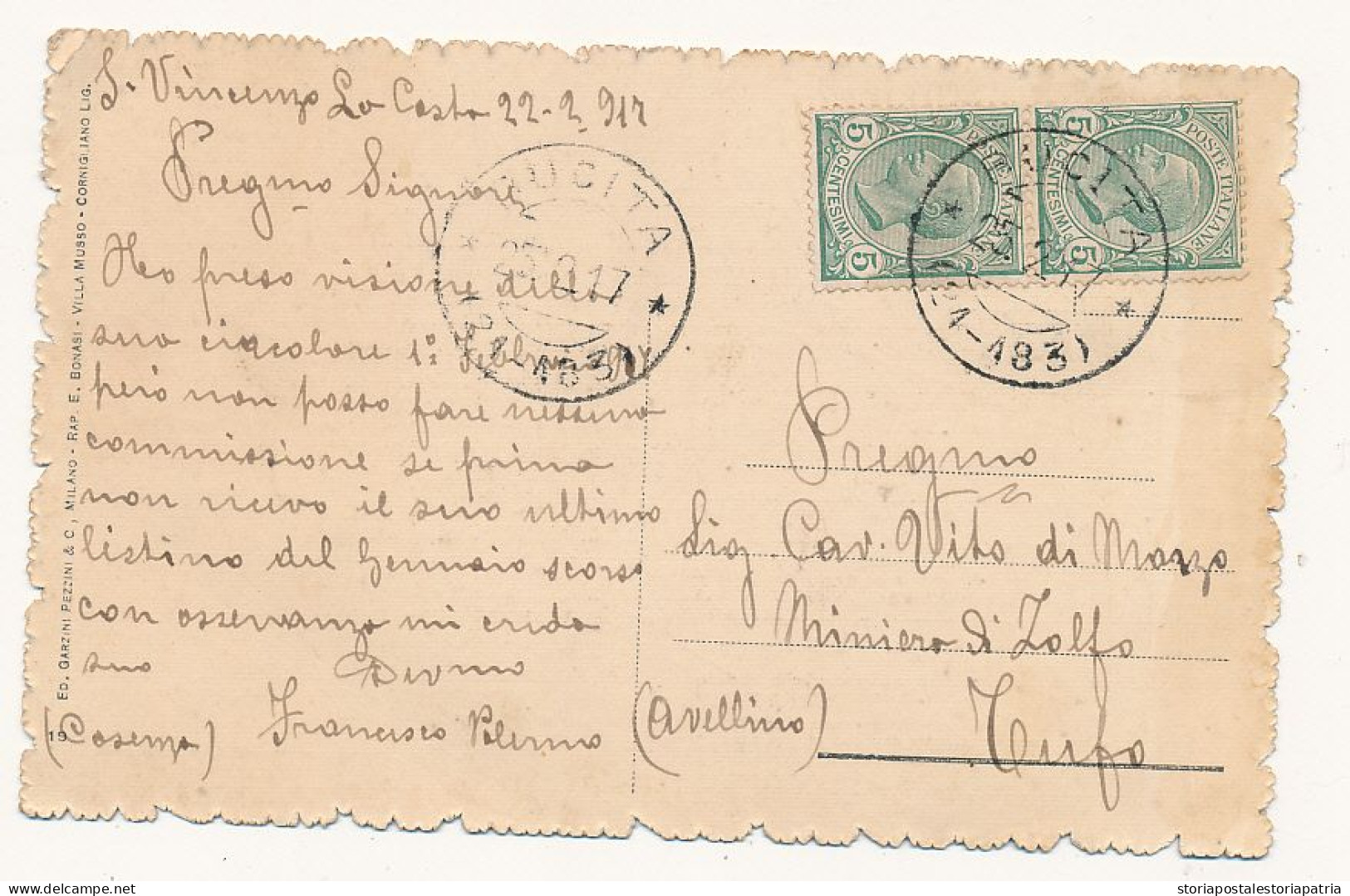 1917 BUCITA DC FRAZIONARIO DA SAN VINCENZO LA COSTA - Storia Postale