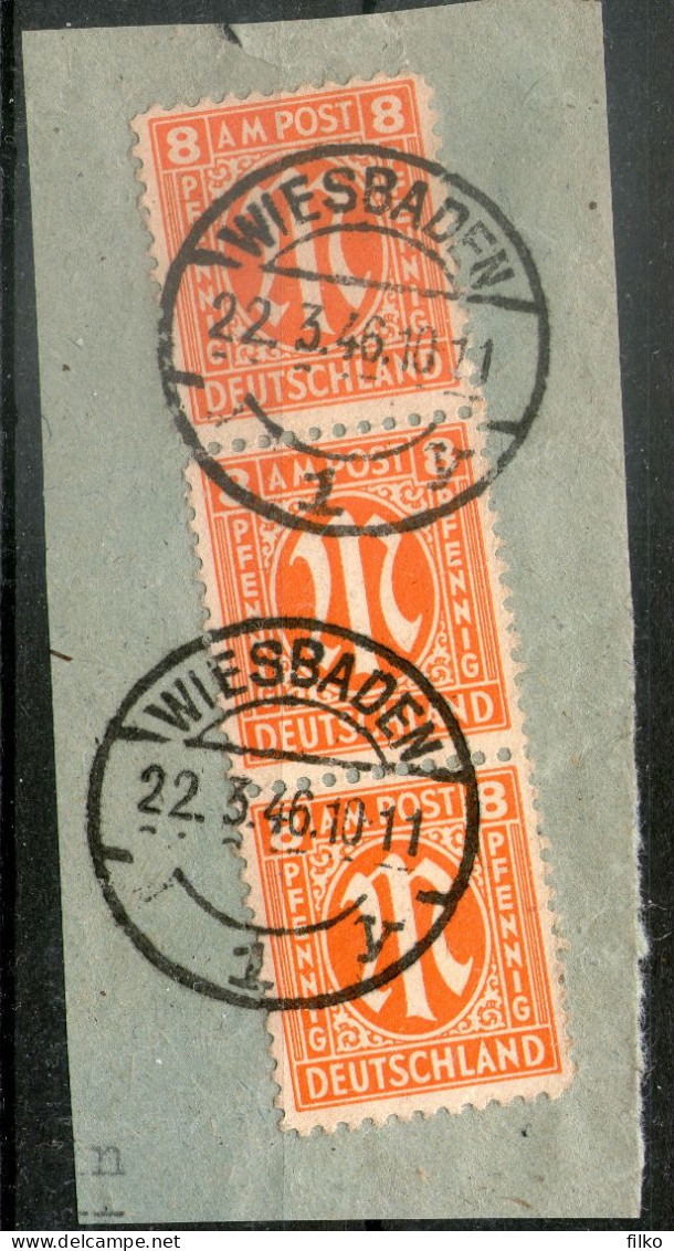 Germany,American/British Zone Vertical Strip Of 3 X 8 Pf. Cancel:Wiesbaden,22.03.1946,used As Scan - Usati