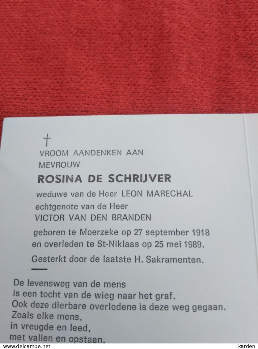 Doodsprentje Rosina De Schrijver / Moerzeke 27/9/1918 Sint Niklaas 25/5/1989 ( Leon Marechal / Victor Van Den Branden ) - Religión & Esoterismo