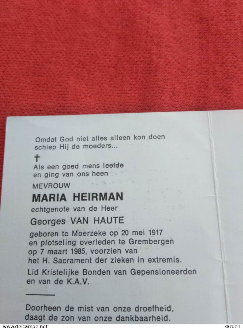 Doodsprentje Maria Heirman / Moerzeke 20/5/1917 Grembergen 7/3/1985 ( Georges Van Haute ) - Religion & Esotérisme