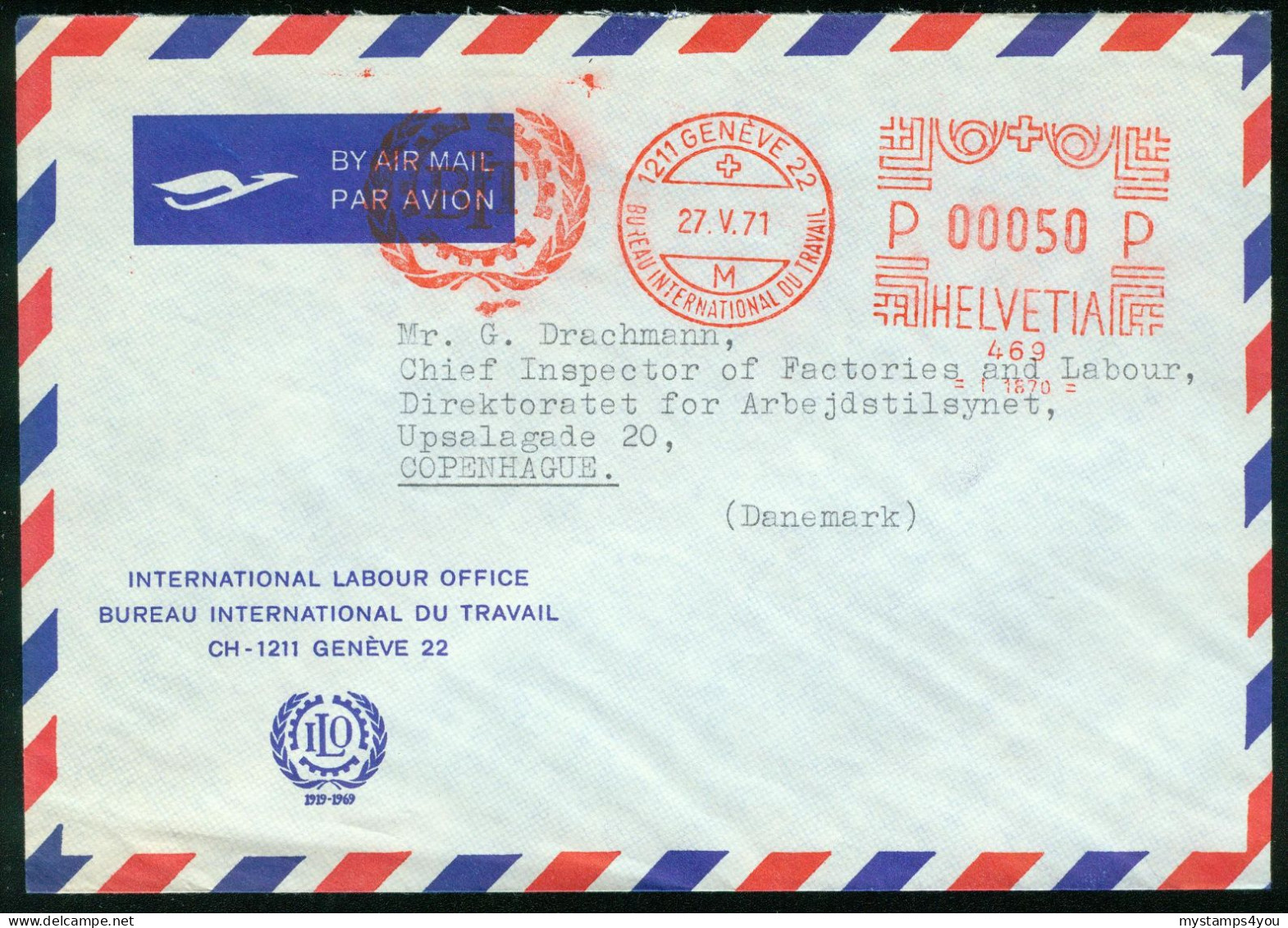 Br Switzerland, Geneve 22 (ILO) 1971 Official Airmail Cover > Denmark(meter Cancel International Labour Office)#bel-1007 - Covers & Documents