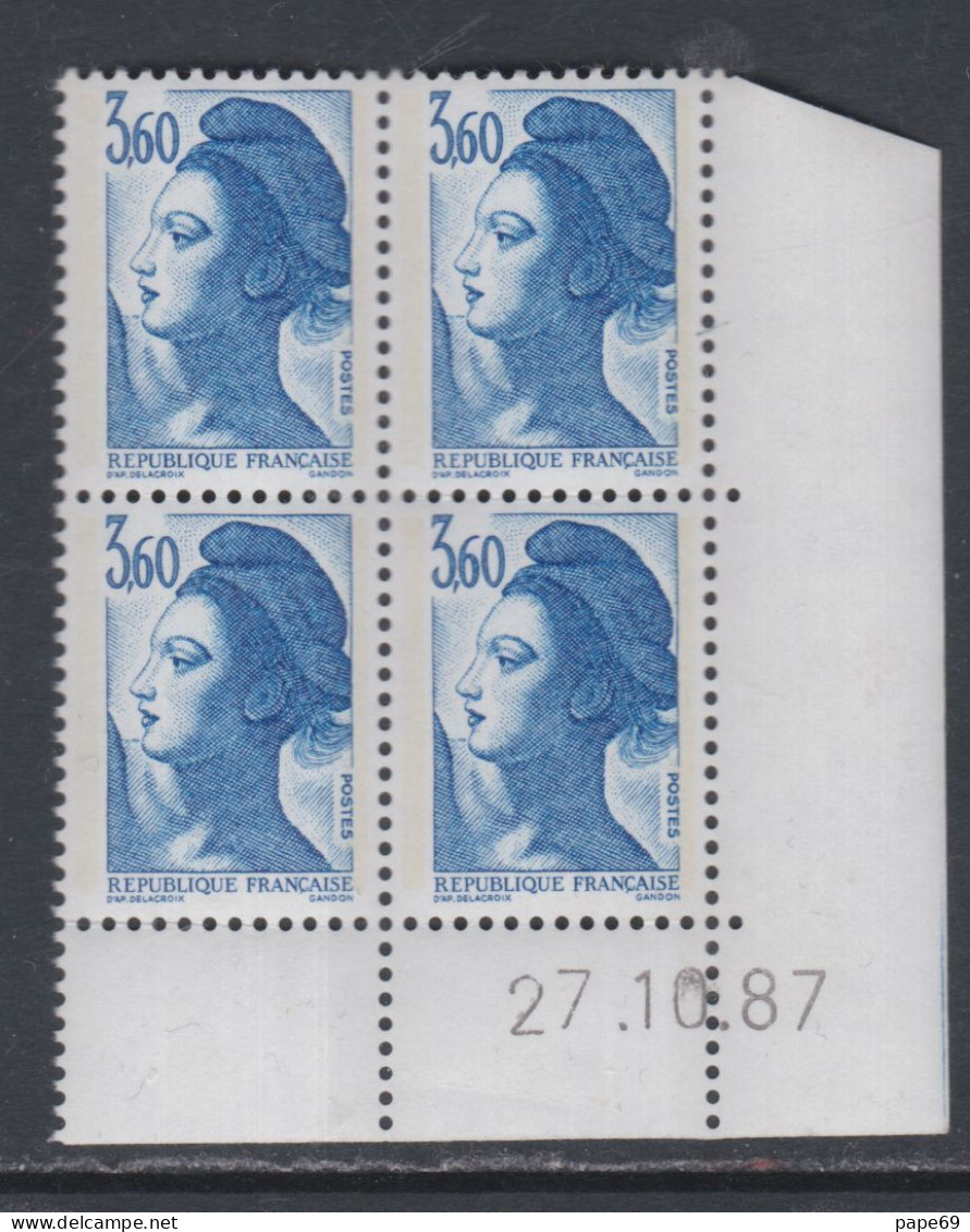 France Type Liberté N° 2485 XX : 3 F. 60 Bleu En Bloc De 4 Coin Daté Du 27 . 10 . 87 ; Gomme Très Légèrement Altérée TB - 1980-1989