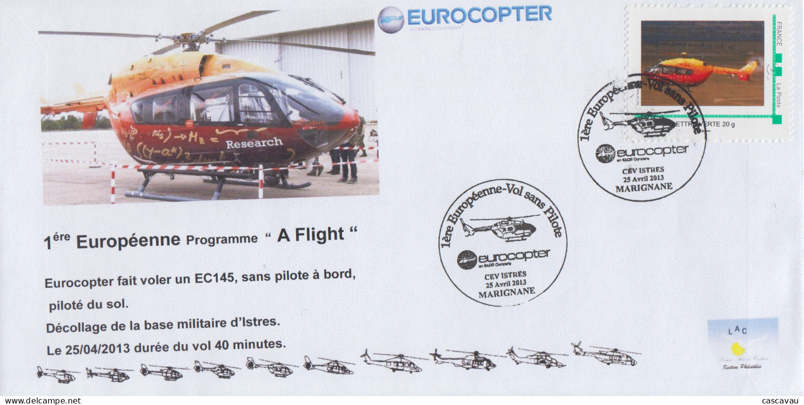 Enveloppe    FRANCE    EUROCOPTER    HELICOPTERE   1ére  Européenne  Vol  Sans  Pilote     MARIGNANE    2013 - Hélicoptères