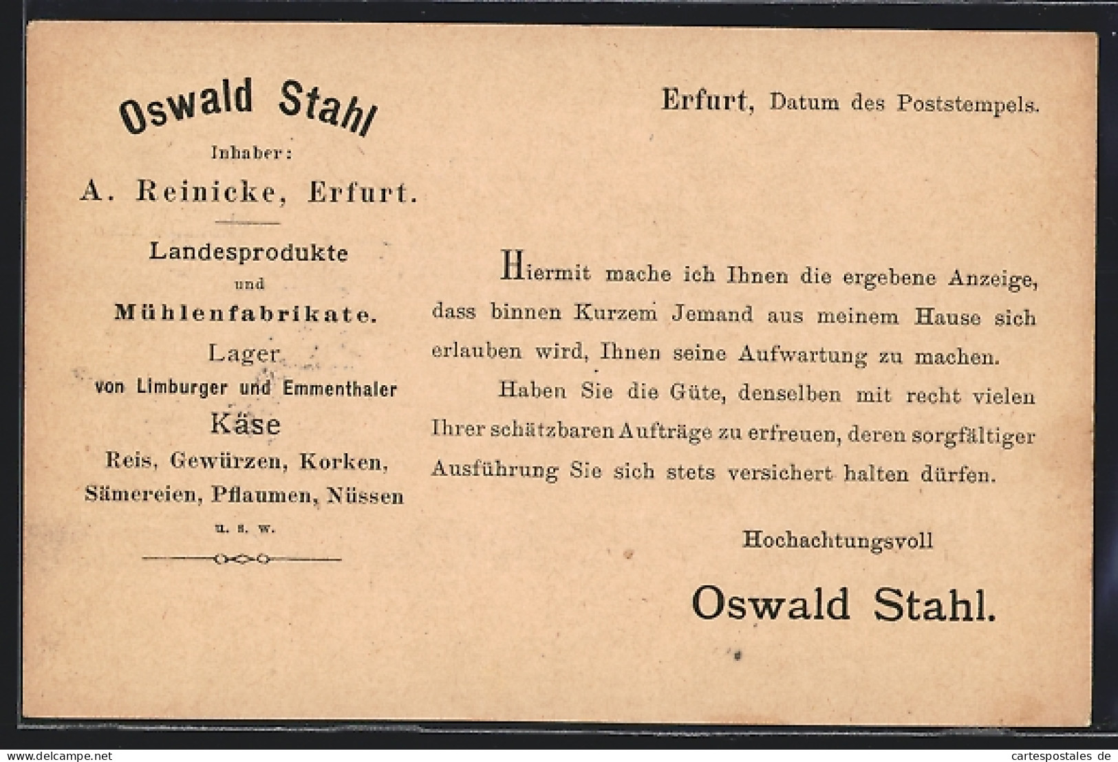AK Erfurt, Reklame Für Oswald Stahl Landesprodukte Und Mühlenfabrikate  - Erfurt