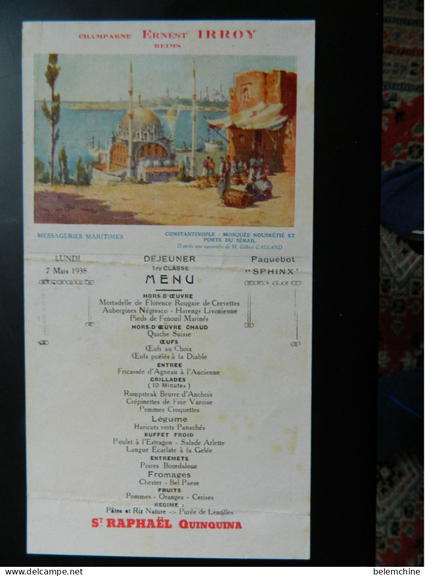 MENU  CARTE POSTALE PAQUEBOT SPHINX  MESSAGERIES MARITIMES 7 MARS 1938  PUB ST RAPHAEL QUINQUINA CONSTANTINOPLE MOSQUEE - Menu