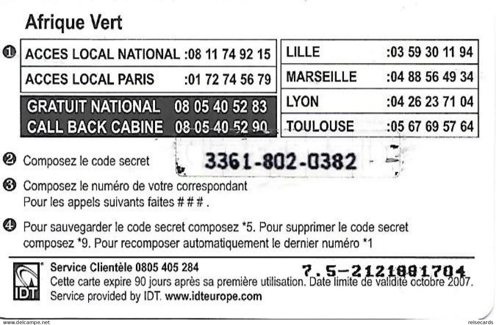 France: Prepaid IDT Afrique Vert 10.07 - Otros & Sin Clasificación