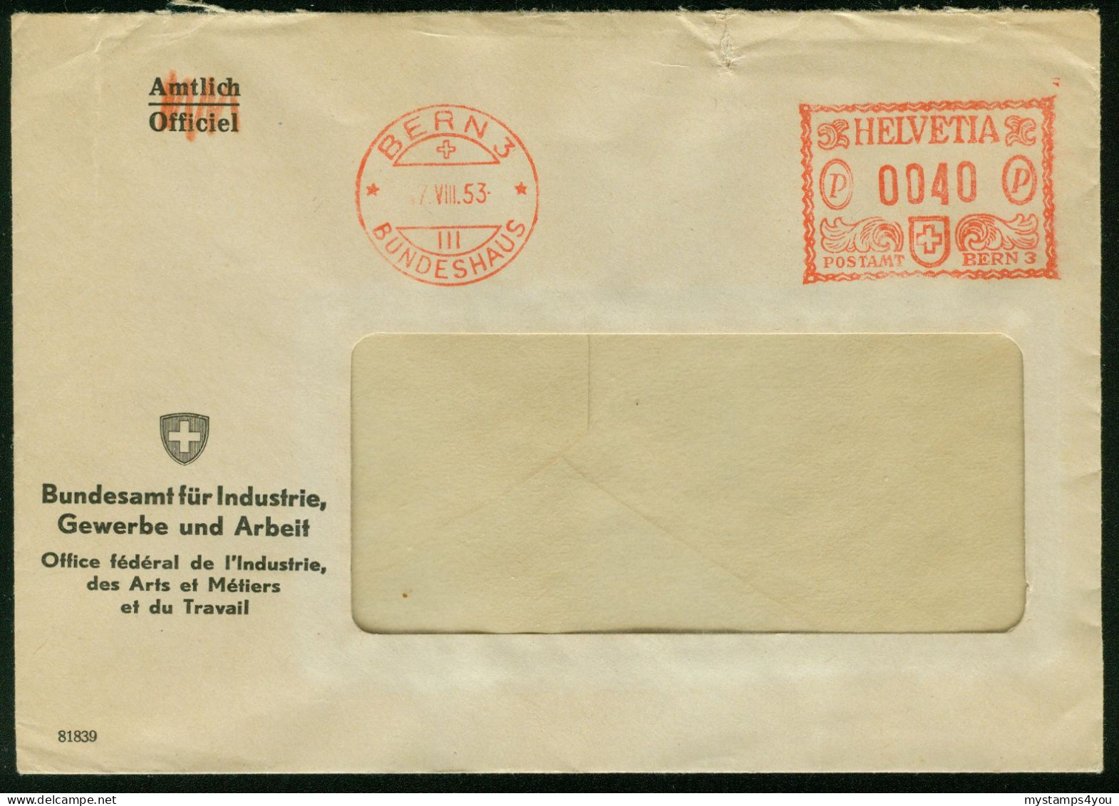 Br Switzerland, Bern 3 (Bundeshaus) 1953 Cover (meter Cancel) Bundesamt Für Industrie, Gewerbe Und Arbeit #bel-1029 - Lettres & Documents