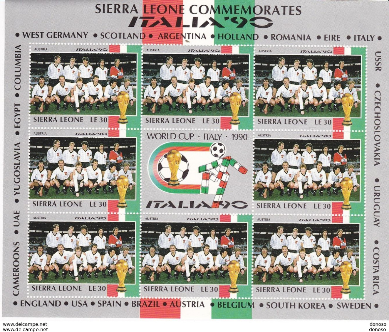 SIERRA LEONE 1990 FOOTBALL équipe D'Autriche Feuillet De 8 Yvert 1155 Neuf** MNH - Sierra Leone (1961-...)