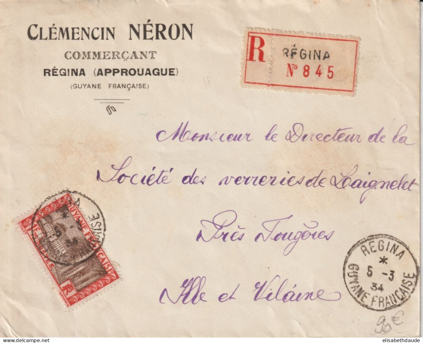 1934 - GUYANE - YVERT N° 127A SEUL SUR LETTRE ! RECOMMANDEE De REGINA (RARE !!) => FOUGERES (ILLE ET VILAINE) - Covers & Documents