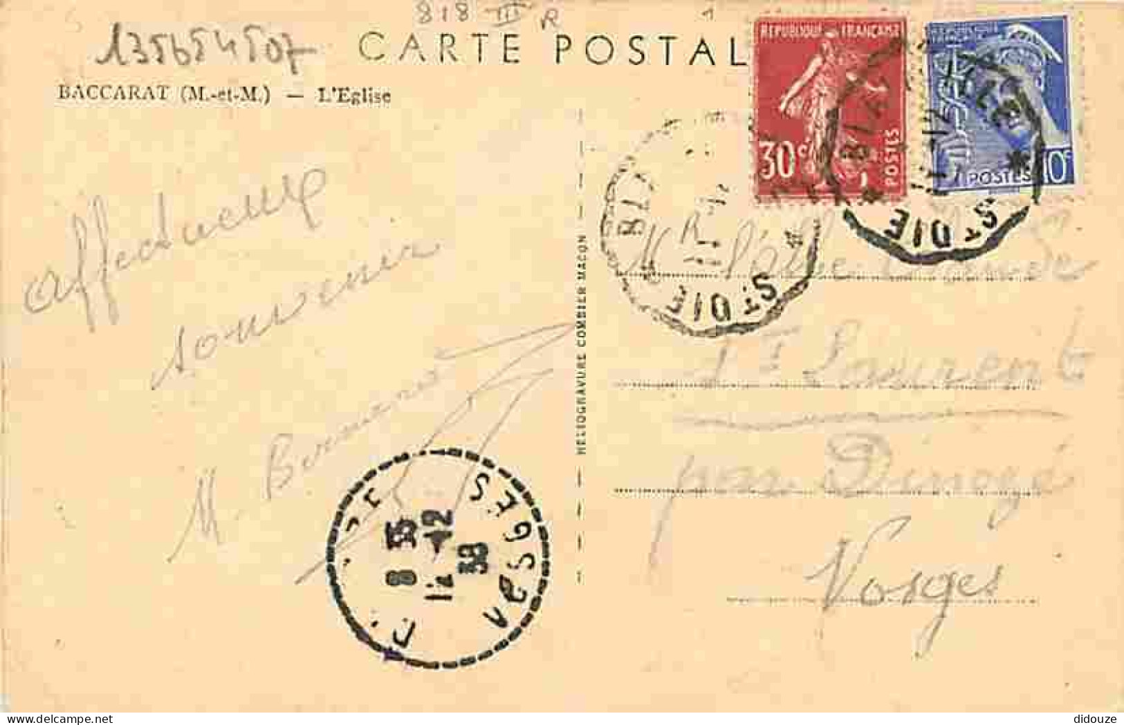 54 - Baccarat - L'Eglise - Oblitération Ronde De 1938 - CPA - Voir Scans Recto-Verso - Baccarat