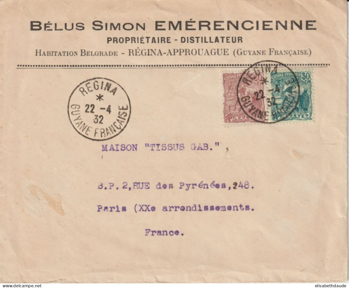 1932 - GUYANE - LETTRE De REGINA (RARE !!) => PARIS - Brieven En Documenten