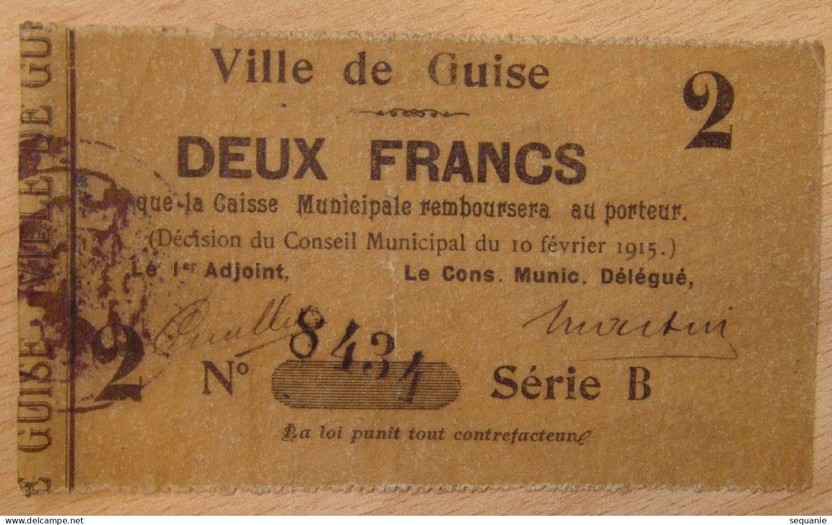 AISNE (02)  Ville De Guise 2 Francs 16 Février 1915 - Bonos
