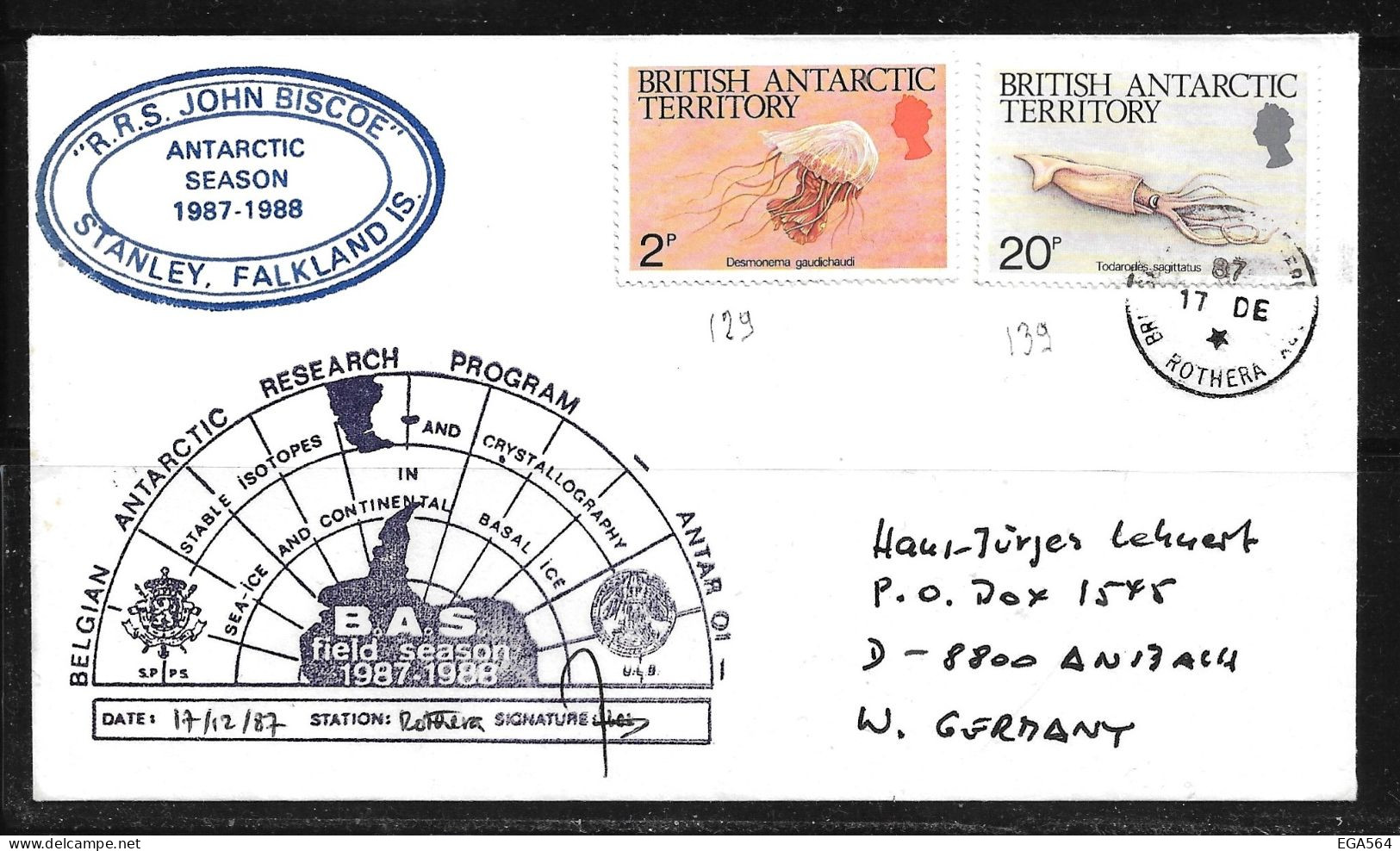92 - Y&T 129-139 Faune Polaire British Antarctic Territory Sur Pli Du 17.12.87 ROTHERA . Transport Par R.R.H John Biscoe - Lettres & Documents