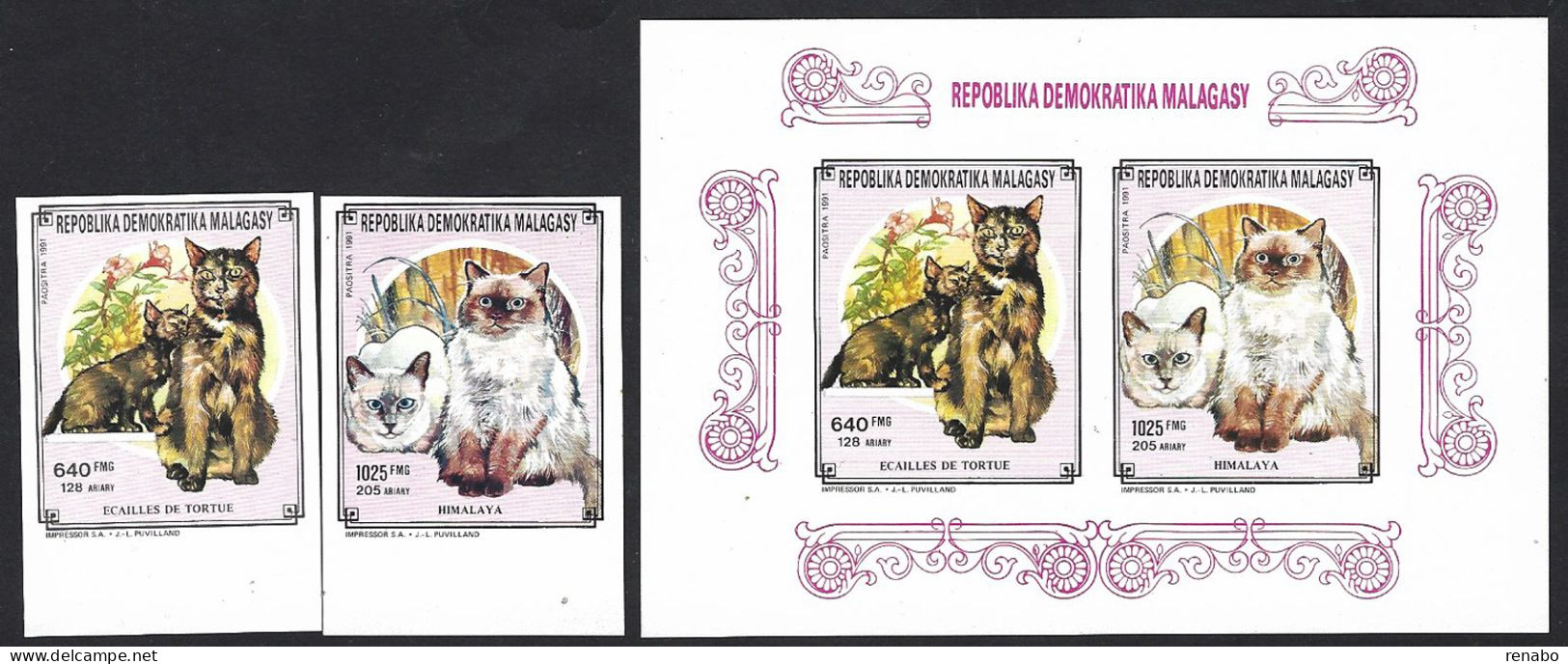 Madagascar, Rep. Malagasy 1991: Himalayan Cat + Tortoiseshell Cat + S/s Luxe With The 2 Cats; Umperforated. - Gatti