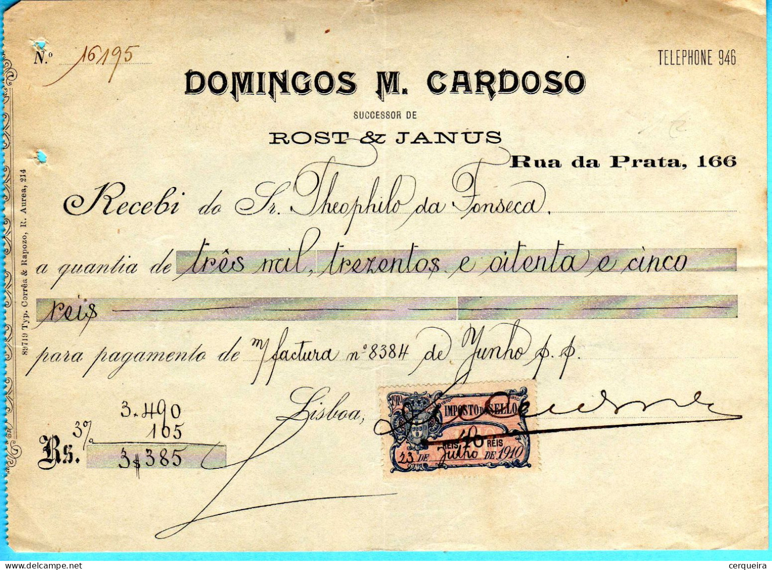 FATURA DOMINGOS M. CARDOSO - Covers & Documents