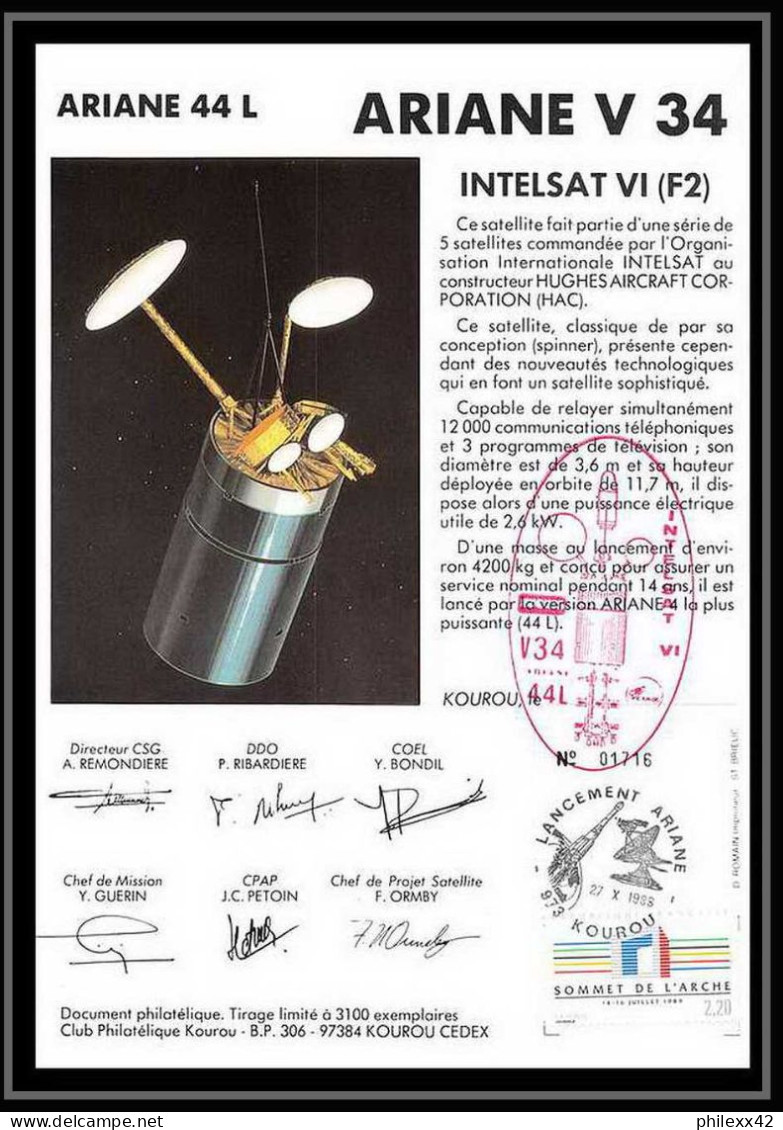 12116 Ariane 44l V 34 1988 Intelsat 6 F2 France Espace Espace Space Lettre Cover - Europa