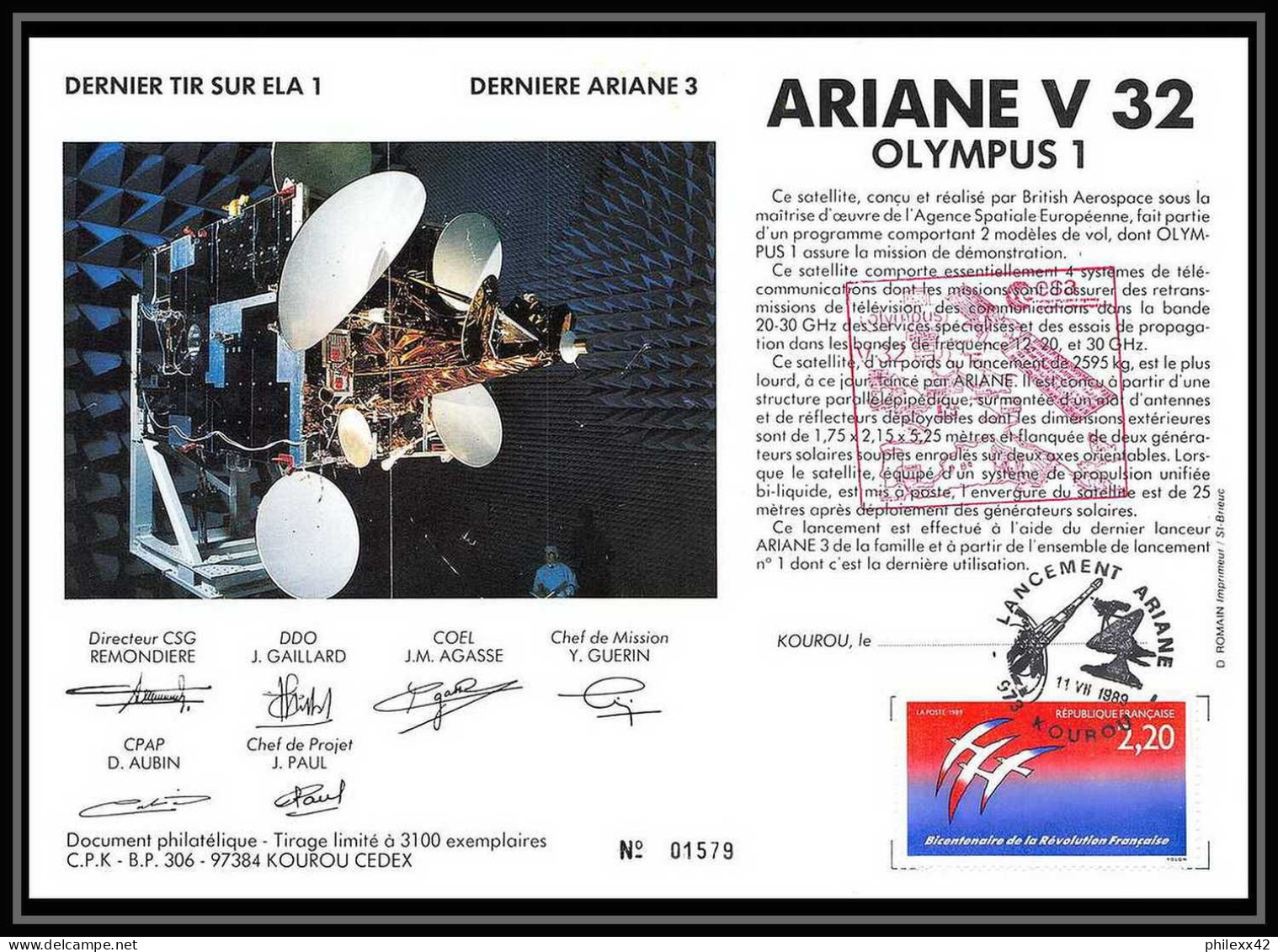 12113 Ariane V 32 1989 Olympus France Espace Espace Space Lettre Cover - Europa