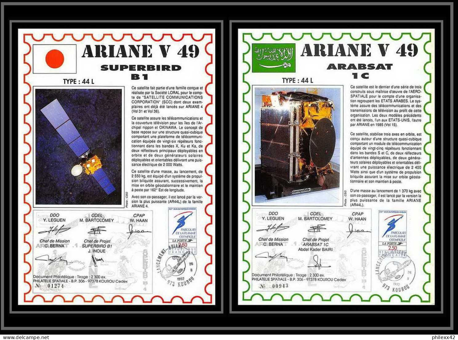 12131 Ariane 44l V 49 1992 Arabsat Superbird Lot De 2 France Espace Signé Signed Autograph Espace Space Lettre Cover - Europe