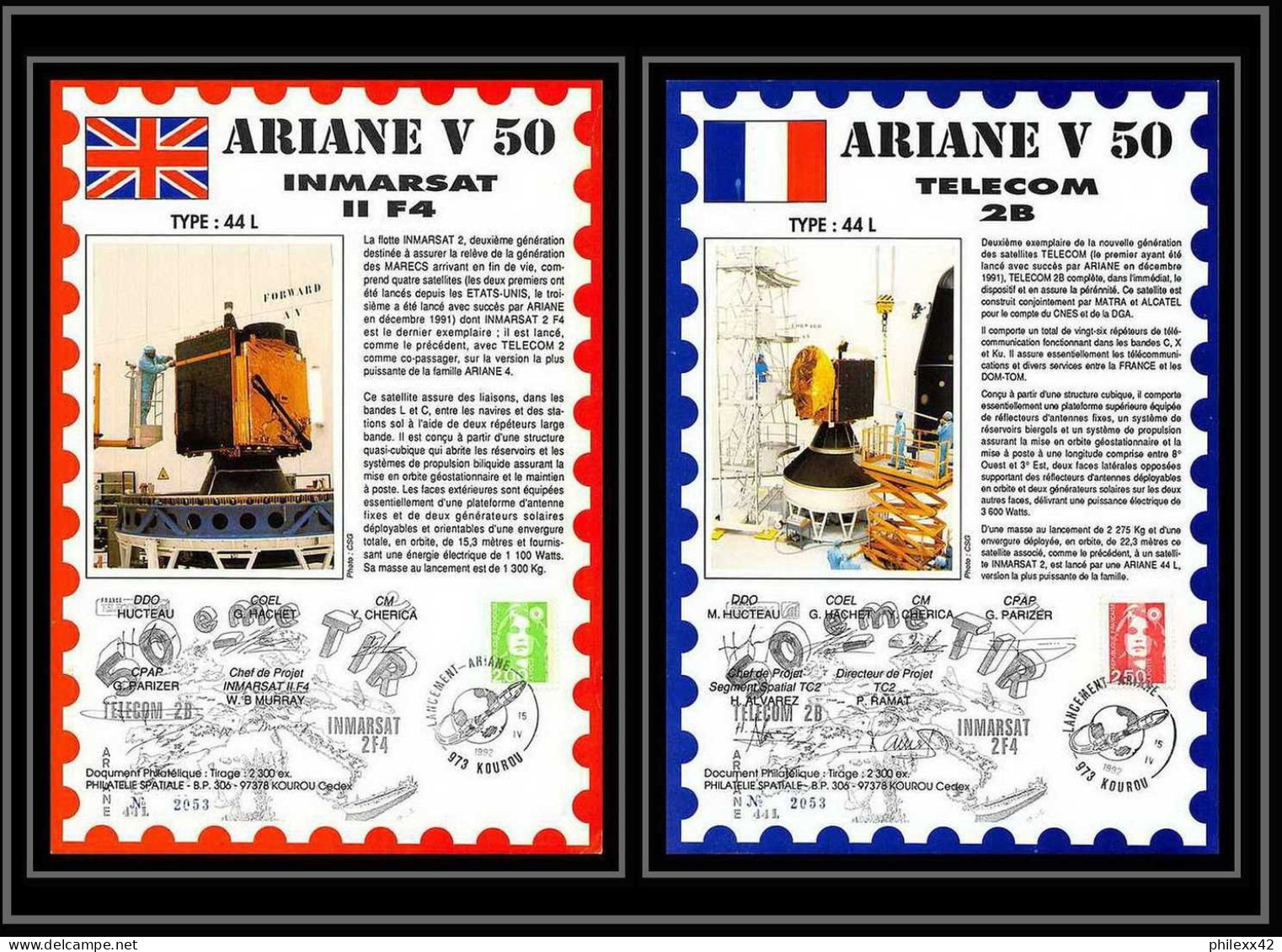 12136 Ariane 44l V 50 1992 Inmarsat Tecom 2blot De 2 France Espace Signé Signed Autograph Espace Space Lettre Cover - Europa