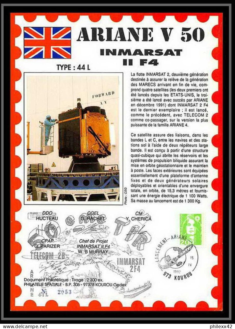 12136 Ariane 44l V 50 1992 Inmarsat Tecom 2blot De 2 France Espace Signé Signed Autograph Espace Space Lettre Cover - Europa