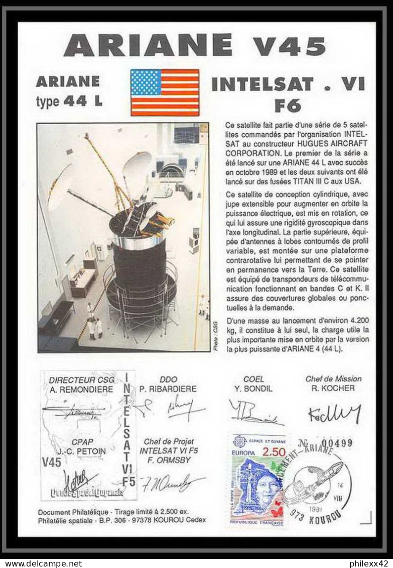 12128 Ariane 44l V 45 1991 Intelsat 6 F6 Lot De 3 France Espace Signé Signed Autograph France Espace Espace Space Lettre - Europa