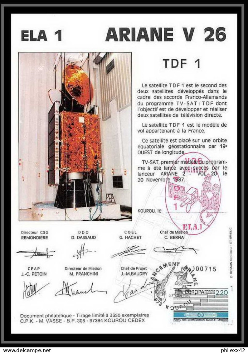 12107 Ariane V 26 Ela 1 1988 France Espace Signé Signed Autograph Espace Space Lettre Cover - Europe