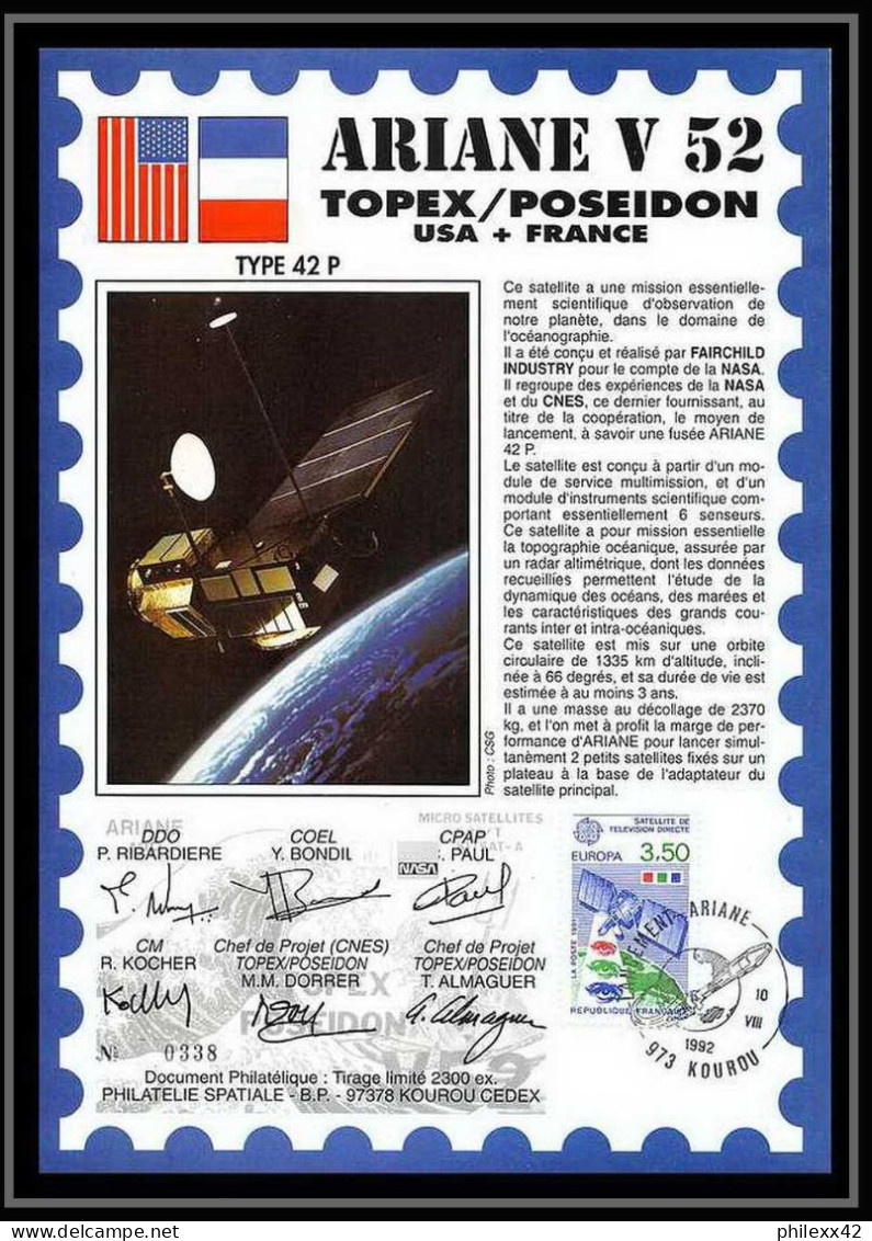 12134 Ariane 42p V 52 1992 Kitsat Topex Lot De 2 France Espace Signé Signed Autograph Espace Space Lettre Cover - Europa