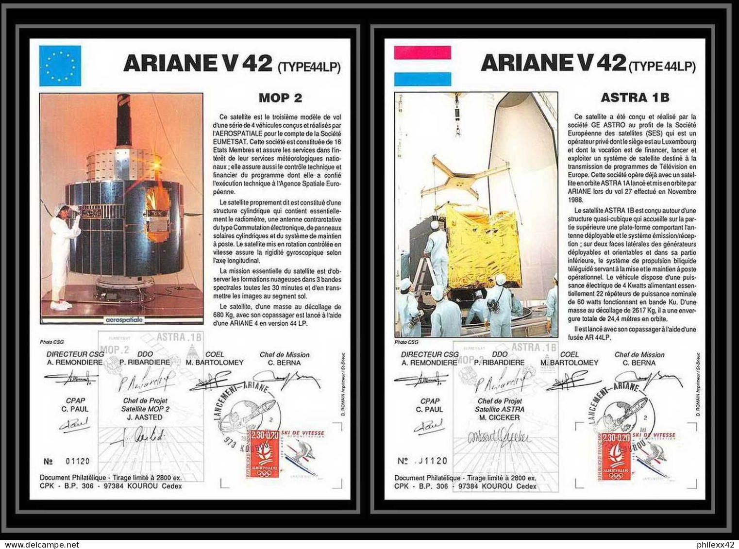 12123 Ariane 44lp V 42 1991 Astra 1b Mop 2 Lot De 2 France Espace Signé Signed Autograph Espace Space Lettre Cover - Europe