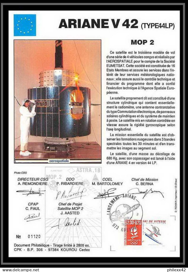 12123 Ariane 44lp V 42 1991 Astra 1b Mop 2 Lot De 2 France Espace Signé Signed Autograph Espace Space Lettre Cover - Europa