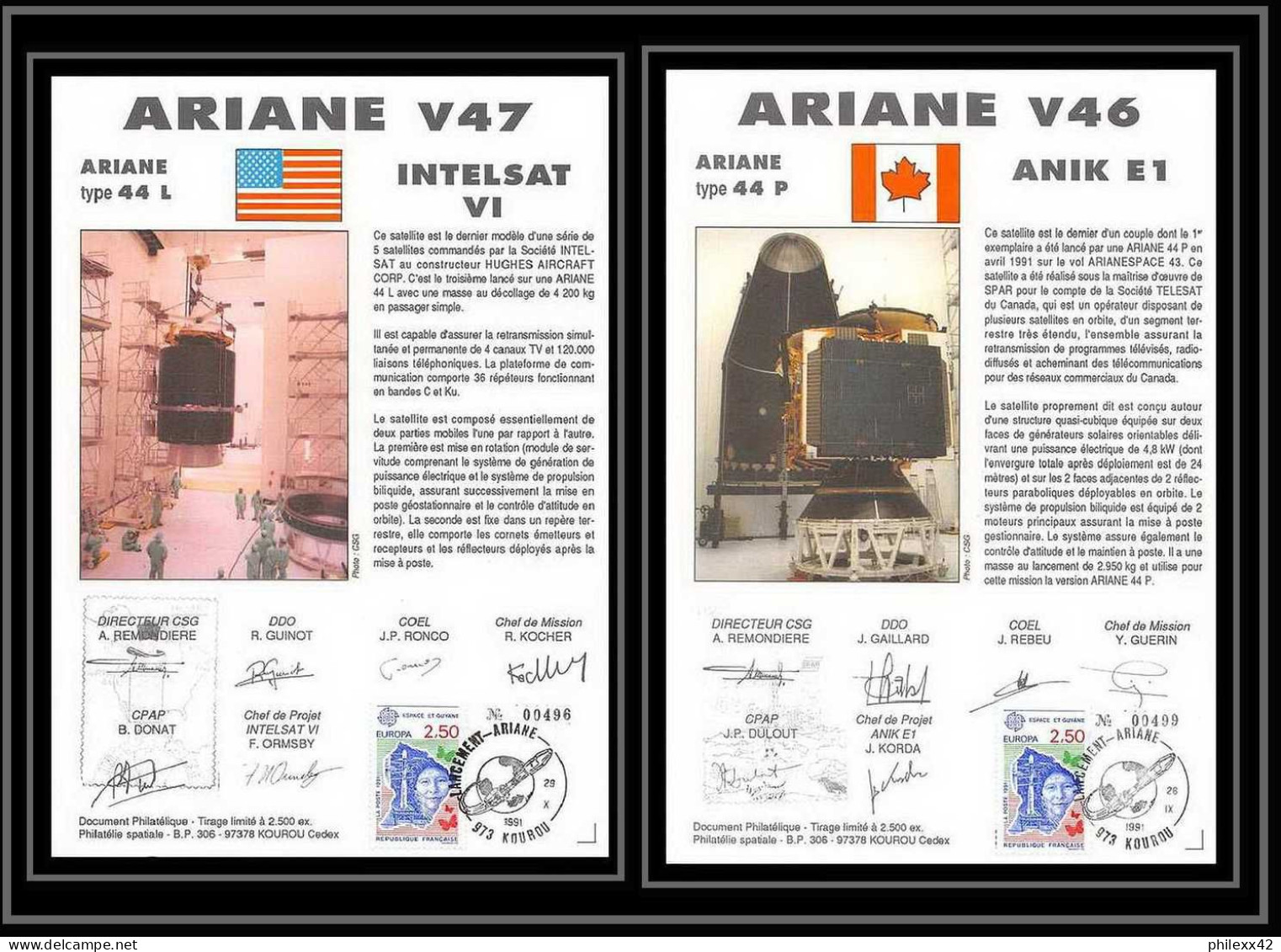 12129 Ariane 44p V 46 1991 Anik E1 Lot De 2 France Espace Signé Signed Autograph Espace Space Lettre Cover - Europa