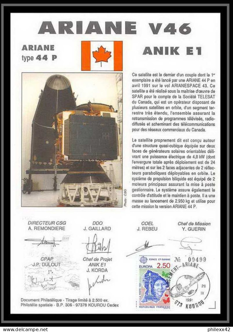 12129 Ariane 44p V 46 1991 Anik E1 Lot De 2 France Espace Signé Signed Autograph Espace Space Lettre Cover - Europa