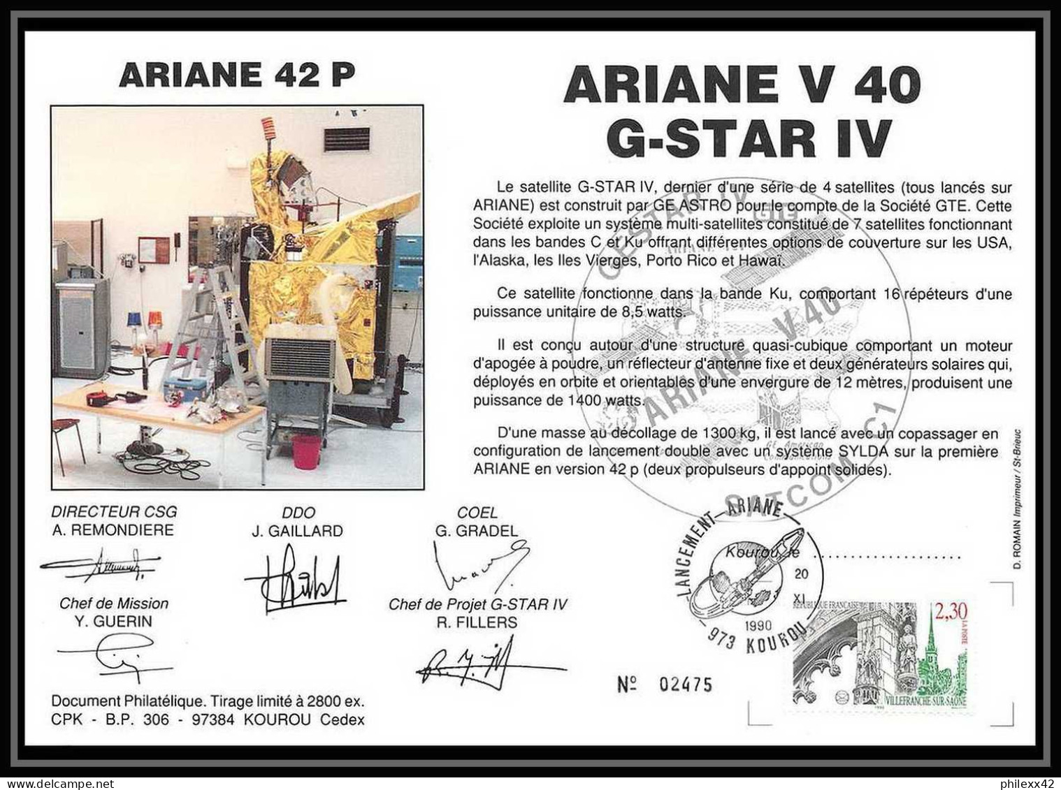 12124 Ariane 42p V 40 1990 Satcom Gstar Lot De 2 France Espace Signé Signed Autograph Espace Space Lettre Cover - Europe