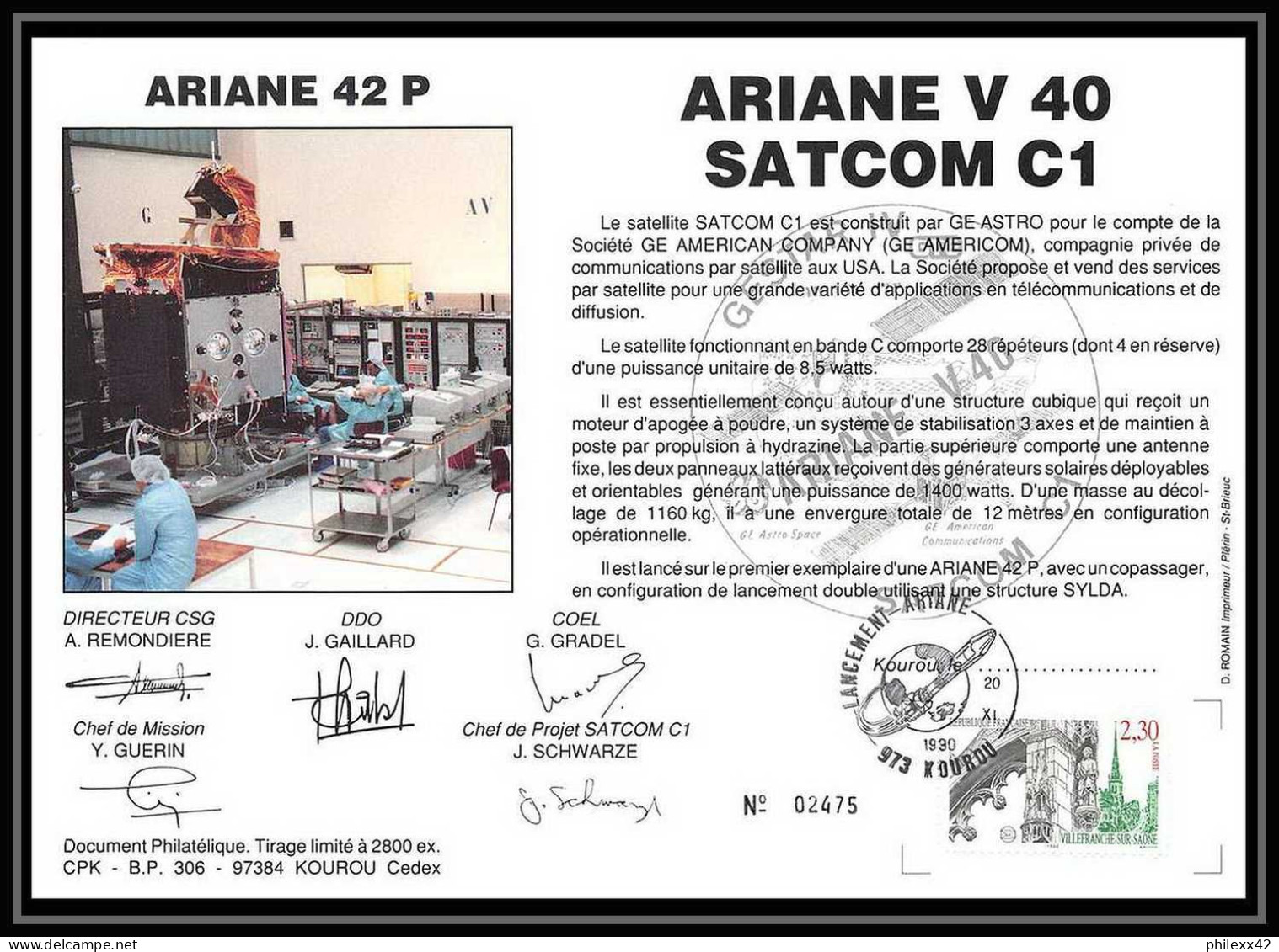 12124 Ariane 42p V 40 1990 Satcom Gstar Lot De 2 France Espace Signé Signed Autograph Espace Space Lettre Cover - Europe