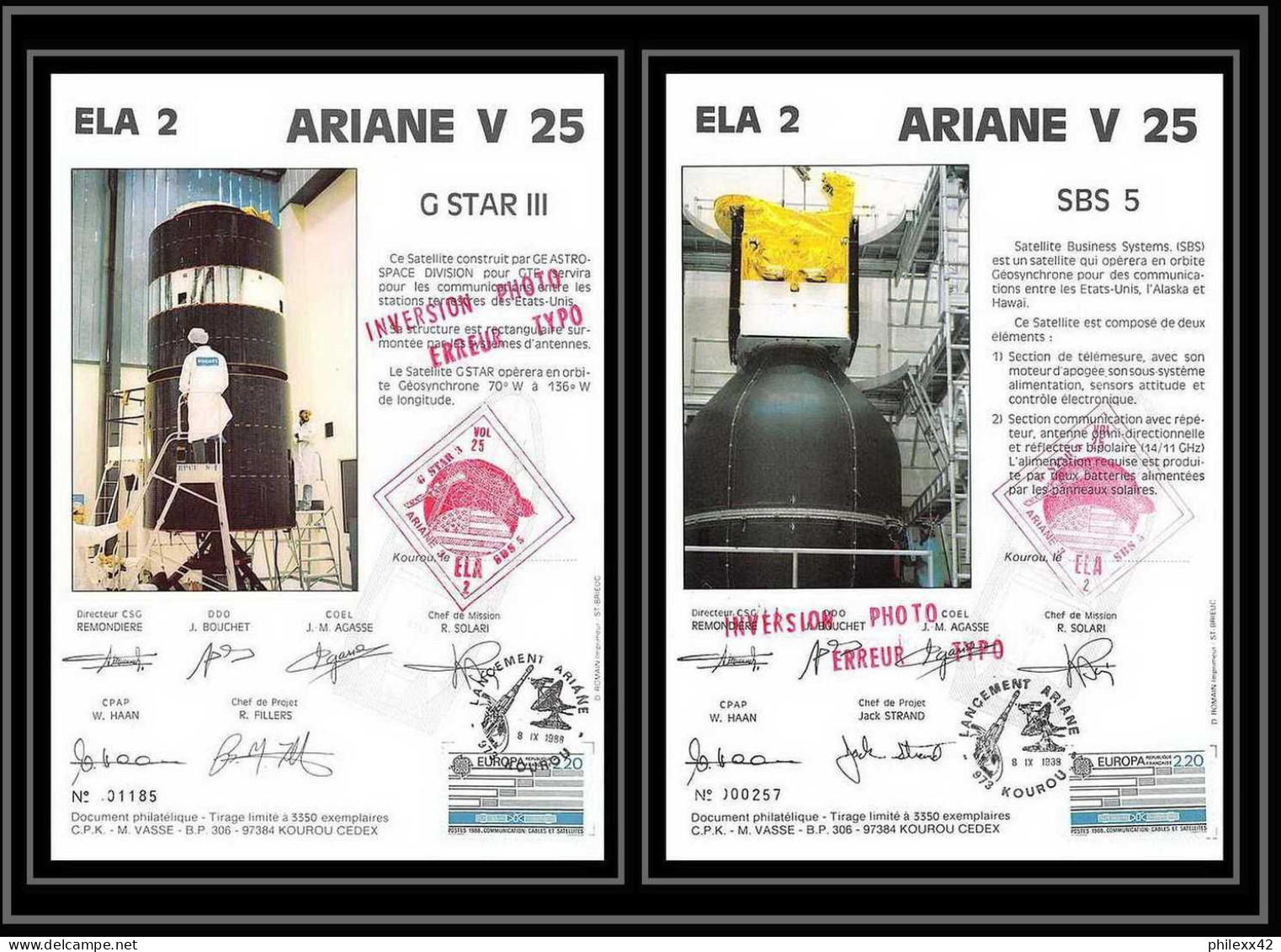 12106 Ariane V 25 1988 Ela 2 Sb5 Gstar3 Lot De 2 France Espace Signé Signed Autograph Espace Space Lettre Cover - Europe