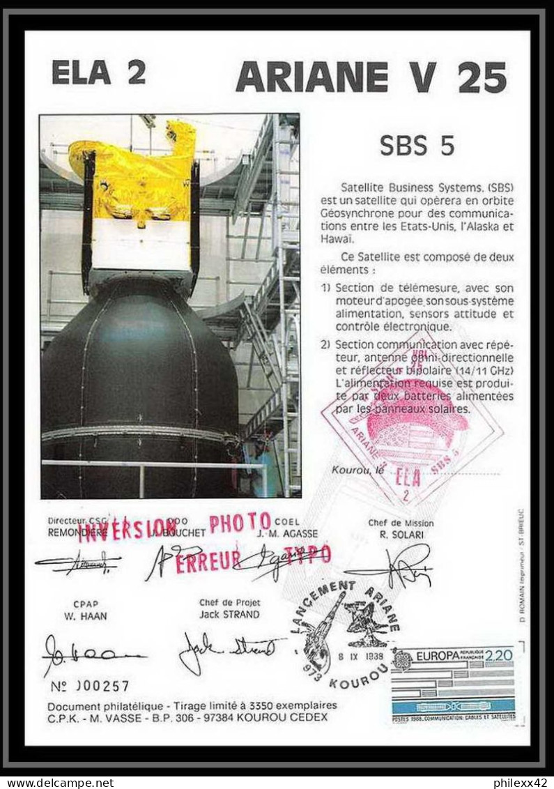 12106 Ariane V 25 1988 Ela 2 Sb5 Gstar3 Lot De 2 France Espace Signé Signed Autograph Espace Space Lettre Cover - Europa