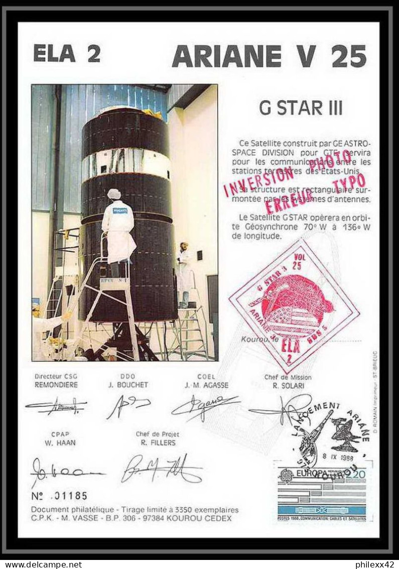 12106 Ariane V 25 1988 Ela 2 Sb5 Gstar3 Lot De 2 France Espace Signé Signed Autograph Espace Space Lettre Cover - Europe