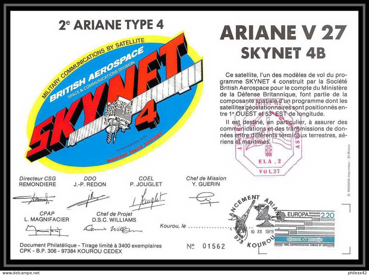 12108 2eme Ariane 4 V 27 1988 Lot De 2 France Espace Espace Space Lettre Cover - Europa