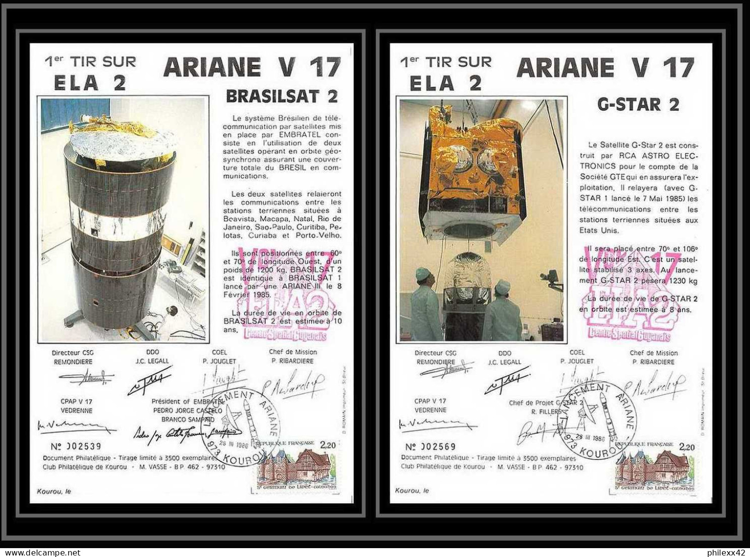 12103 Ariane V 17 1986 1er Tir Sur Ela 2 Bresilsat Arabsat Lot De 2 Signé Signed France Espace Espace Space Lettre Cover - Europe