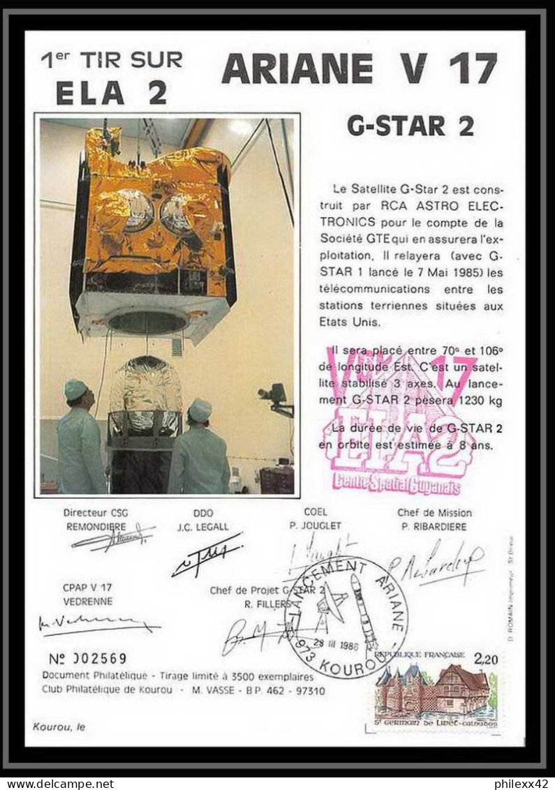 12103 Ariane V 17 1986 1er Tir Sur Ela 2 Bresilsat Arabsat Lot De 2 Signé Signed France Espace Espace Space Lettre Cover - Europe