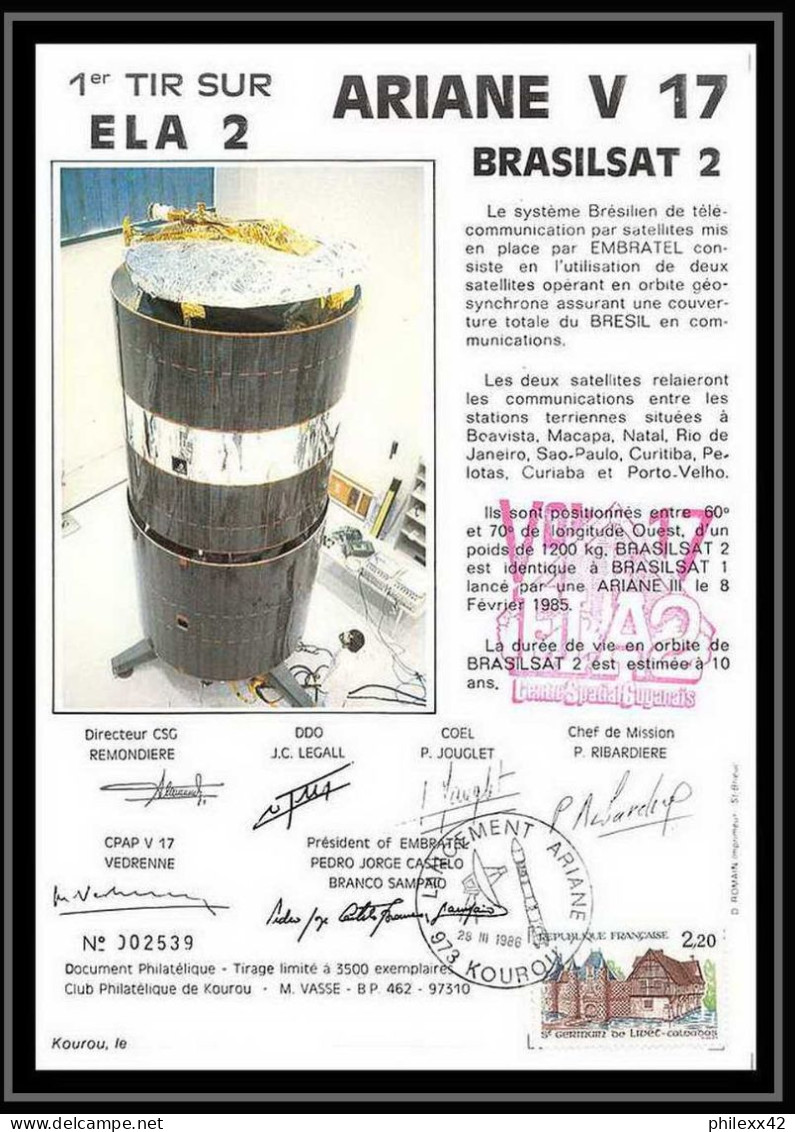 12103 Ariane V 17 1986 1er Tir Sur Ela 2 Bresilsat Arabsat Lot De 2 Signé Signed France Espace Espace Space Lettre Cover - Europe