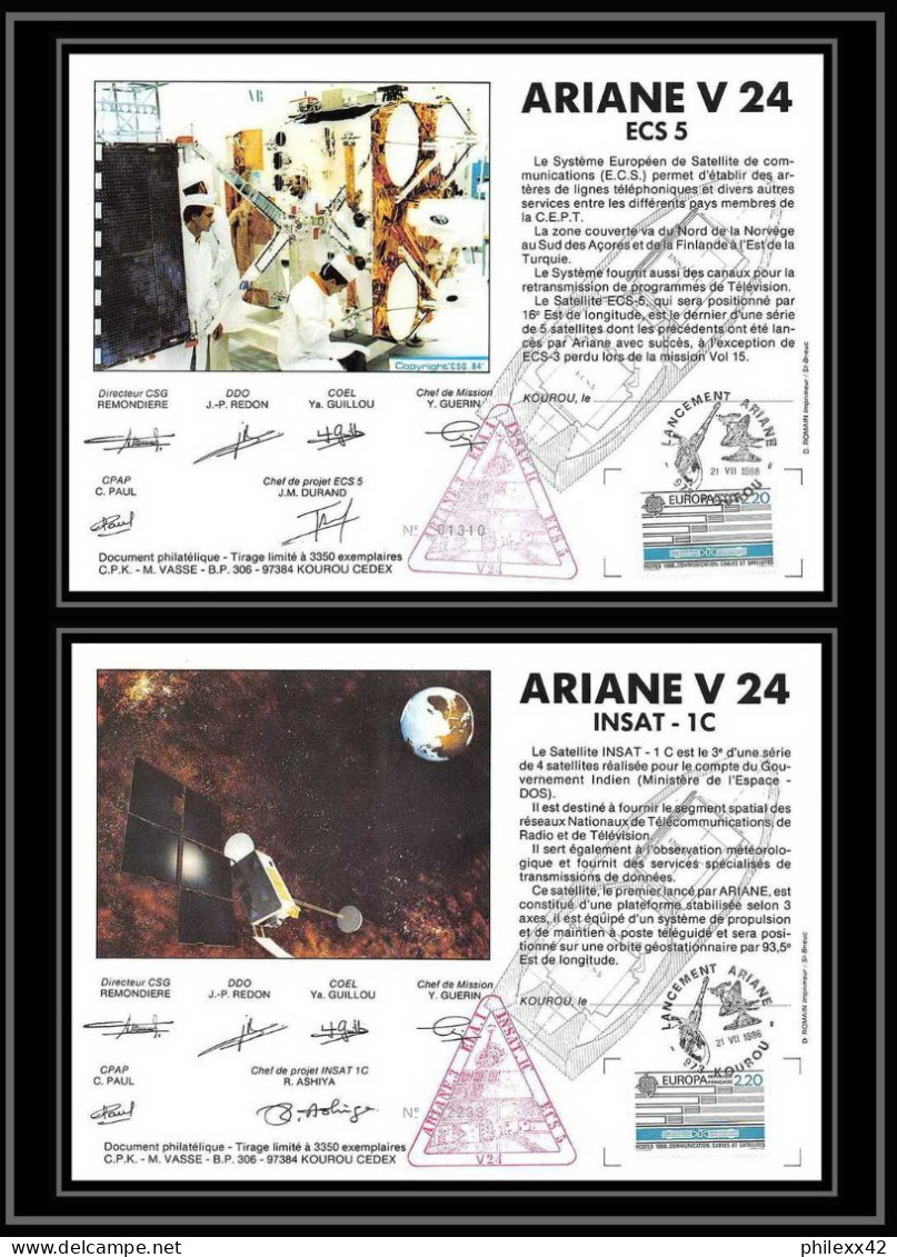 12105 Ariane V 24 1988 Esc5 Insat Lot De 2 France Espace Signé Signed Autograph Espace Space Lettre Cover - Europe