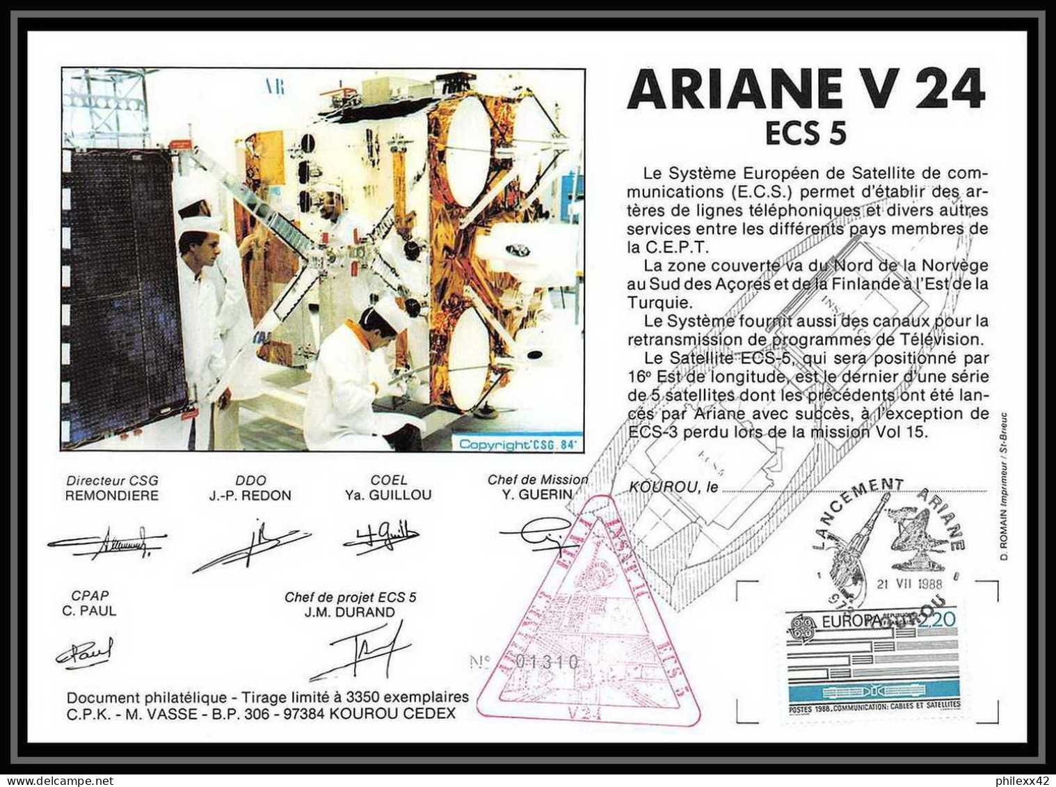 12105 Ariane V 24 1988 Esc5 Insat Lot De 2 France Espace Signé Signed Autograph Espace Space Lettre Cover - Europe