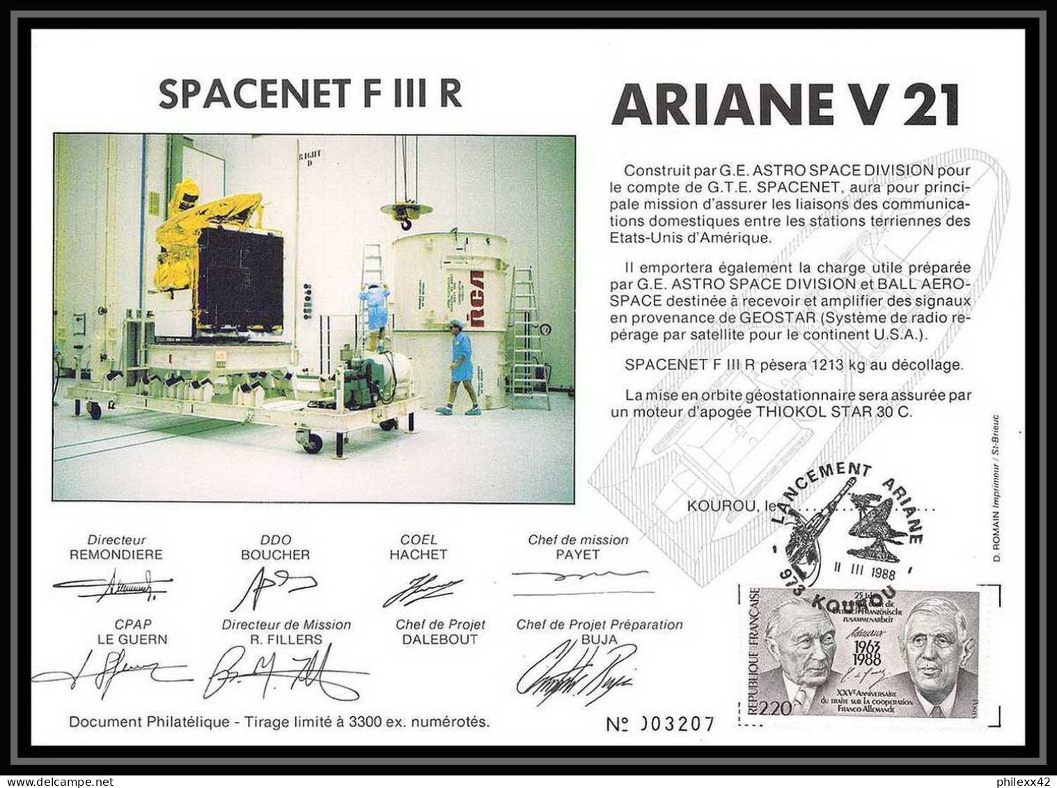 12104 Ariane V 20/21 1987 2eme Tir Sur Ela 2 Lot De 2 France Espace Signé Signed Autograph Espace Space Lettre Cover - Europe