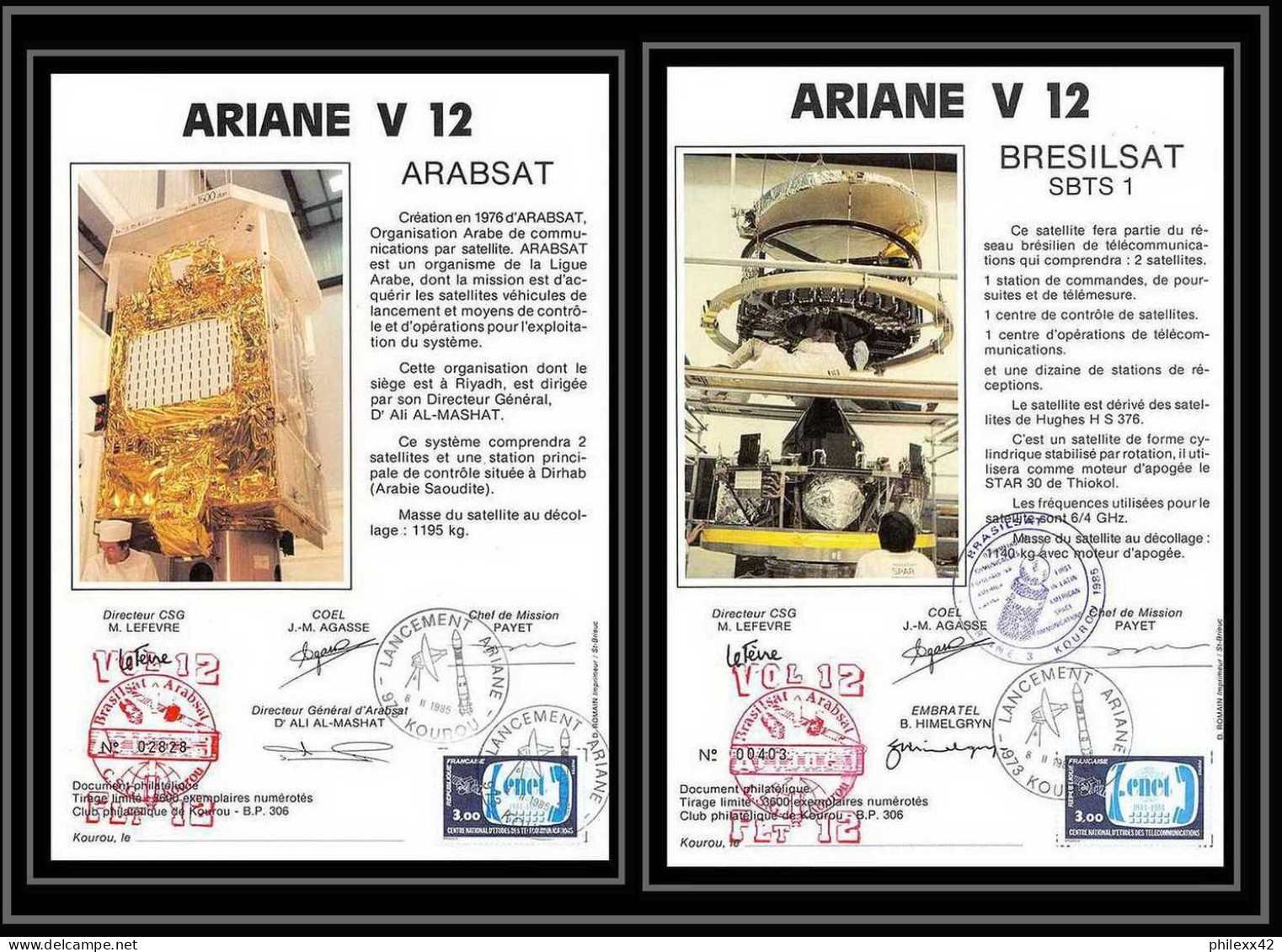 12098 Ariane V 12 1985 Bresilsat Arabsat Lot De 2 Signé Signed Autograph France Espace Espace Space Lettre Cover - Europe